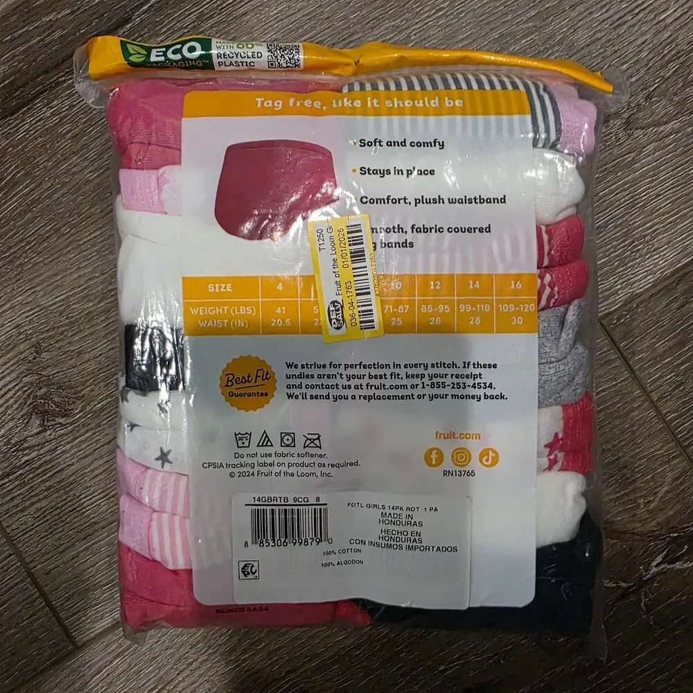 Fruit of the Loom Girls' Cotton Briefs Underwear 14 Pack Size 8 Stays in Place